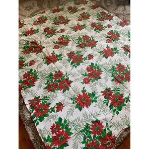 Poinsettia Holiday Tablecloth 56” x 67” Festive Red & Green Christmas Cheer Vtg